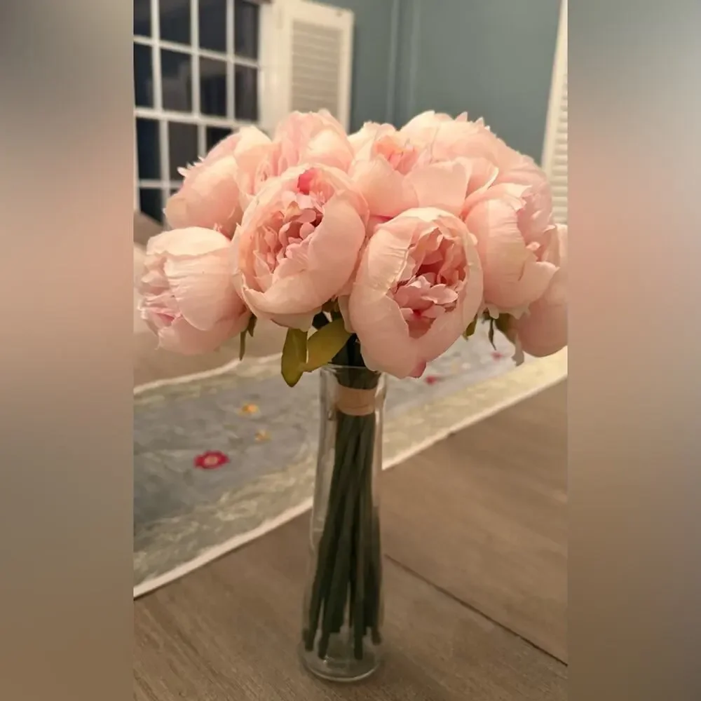Peony Bouquet Real Touch Lifelike Floral Decor 18 Stem Faux Pink New